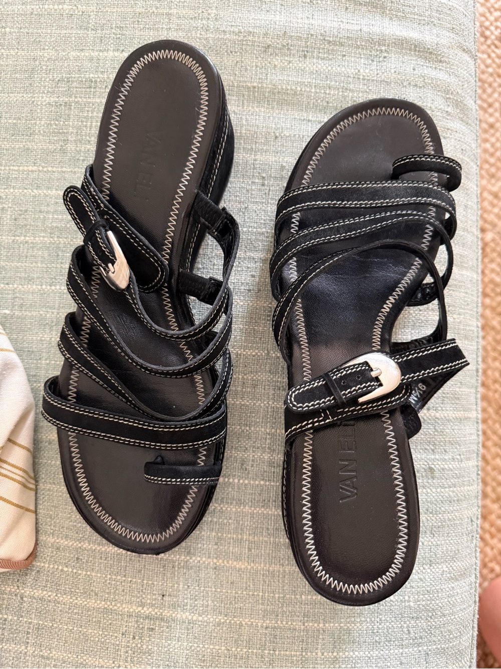 Van Eli Black Multi-Strap Slide Sandals with Contrast Stitching